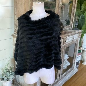 STUDIO 52 BLACK RABBIT FUR CAPE SWEATER PONCHO EXCELLENT ONE SIZE